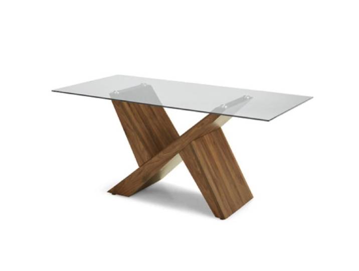 Table - PACIFIC TECK - Rectangulaire - Plateau en verre transparent - Base effet bois - 8 personnes