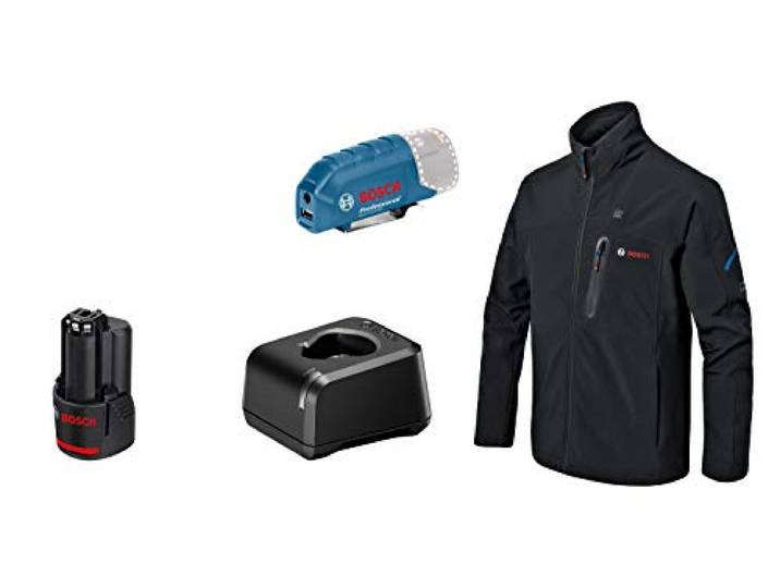 Bosch Professional veste chauffante GHJ 12+18V XA (avec adaptateur de charge USB GAA 12V-21 + batterie GBA 12V 2.0Ah + chargeur GAL 12V-20) - taille S