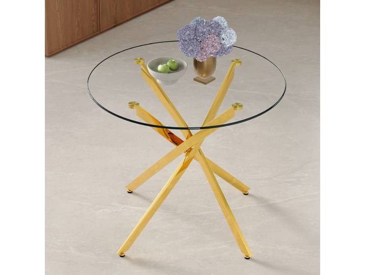 Table à manger ronde au design lumineux et luxueux, diamètre 88 cm, table à manger en verre trempé avec structure en métal, pour 2 à 4 personnes