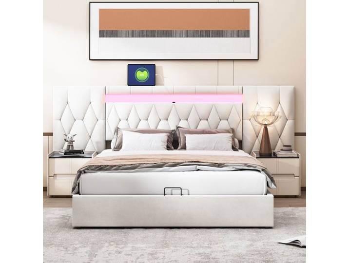 Lit double rembourr et coffre adult-LED et USB-beige velours 160x200 sans matelas-HAUSS SPOLE