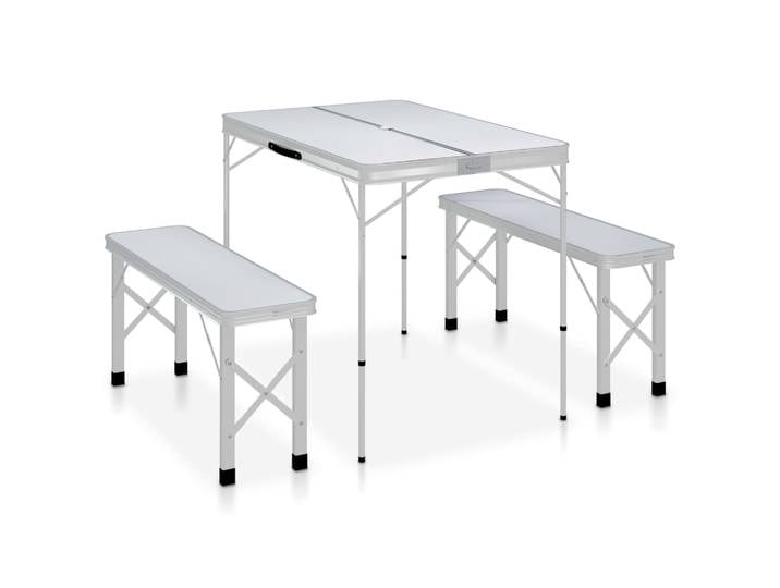Table de camping pliante avec 2 bancs, aluminium blanc, portable, hauteur réglable, légère, pour camping, barbecue, balcon