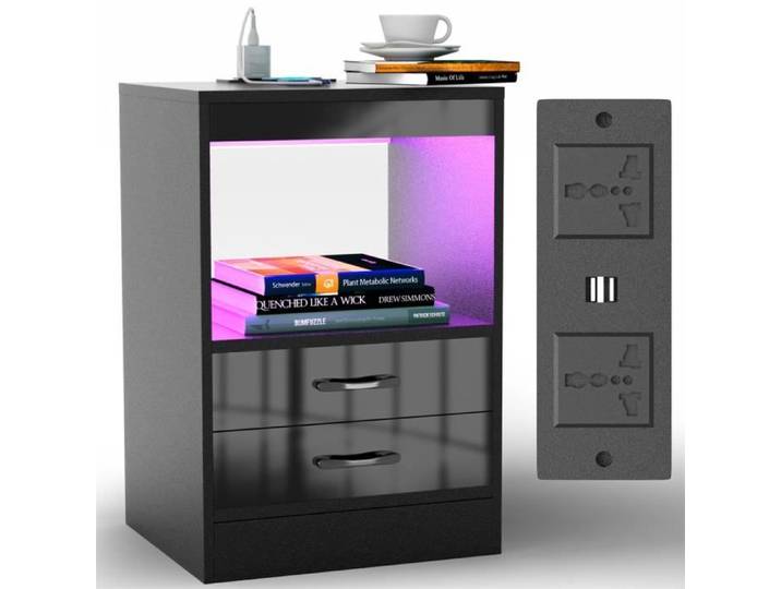 Table de nuit avec Prise et Port USB - LDSZXNE - Noir - 2 tiroirs - 40x35x60 cm - Style moderne