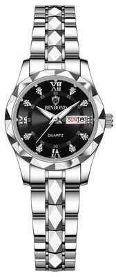 FusionFolio BINBOND B2521 Luxury Fashion Business Women's Quartz Watch, Waterproof Week Date Sport Wristwatch silver Black