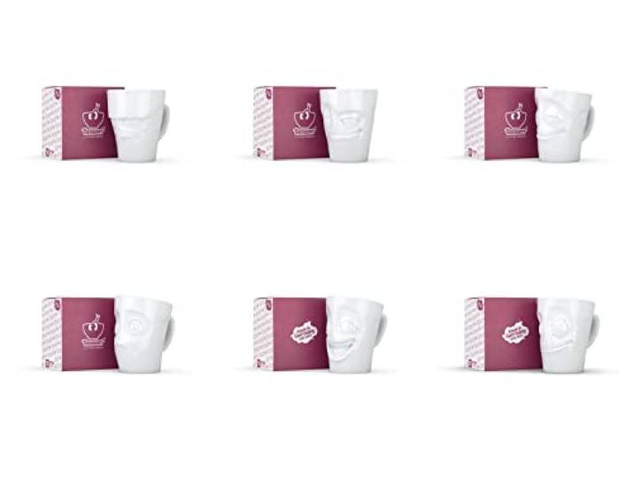 FIFTYEIGHT PRODUCTS 6 x Henkelbecher by - 6 verschiedene Motive - Tasse Becher Mugge weiß