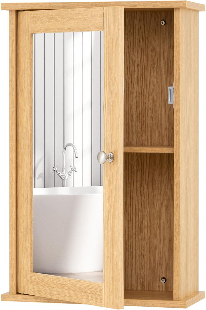 Rebrilliant Bathroom Medicine Cabinet Wall Mounted Mirror Cabinet w/ Single Door Natural