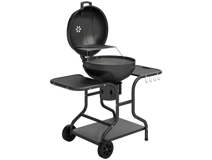 Outsunny Holzkohlegrill mit Seitentischen Metall Schwarz, 63.5x106.5x129 cm, Grills, Holzkohlegriller