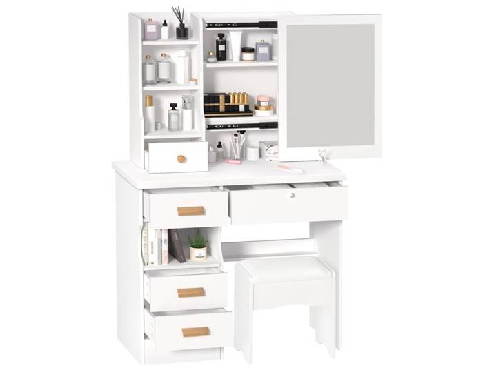 Ensemble coiffeuse avec tabouret - CREMLANK - 80x40x135cm - Avec 5 tiroirs et étagères - BLANC - Moderne