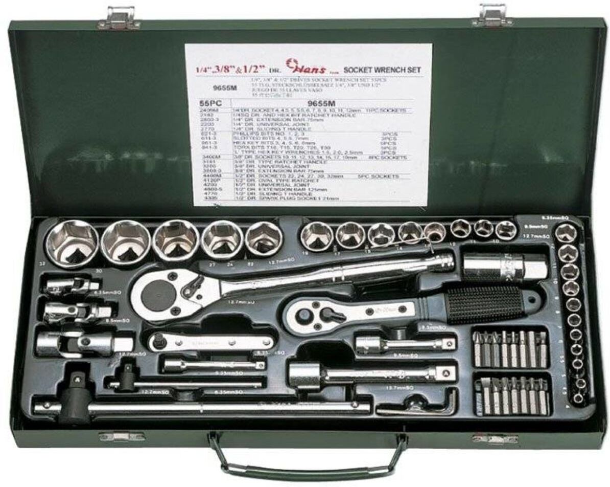 Steckschlüsselsatz HANS 1/4 zoll, 3/8 zoll, 1/2 zoll 55 teilig