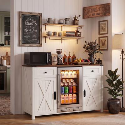 GREATPLANINC Farmhouse Coffee Bar Cabinet with Mini Fridge Storage