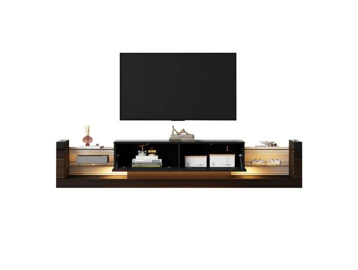 Redom Tv-Schrank in Schwarz Hochglanz mit Glasfront und LED 181/38/38 cm, 181x38x38 cm, Wohnzimmer, TV Möbel, Lowboards, Lowboards stehend