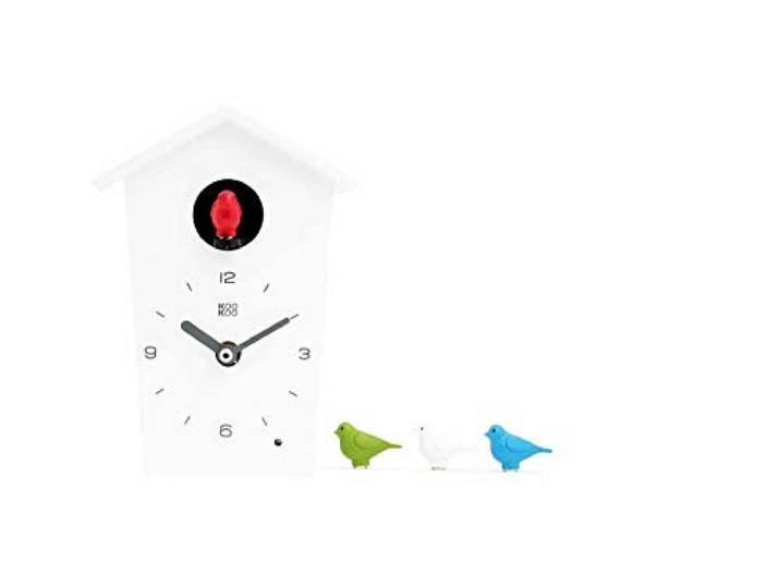 KOOKOO BirdHouse mini wit, kleine moderne koekoeksklok met 12 natuurlijke vogelstemmen of koekoeksroep