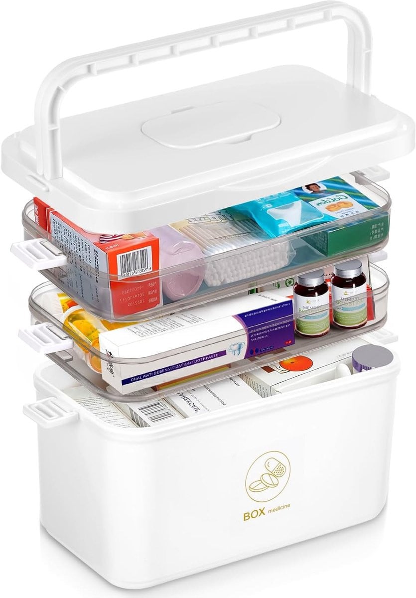 SnelShoppen Medicine Storage Box 3 Laags - Draagbare EHBO-kit met Mini Compartiment en Handvatten voor Thuis, Kantoor of School