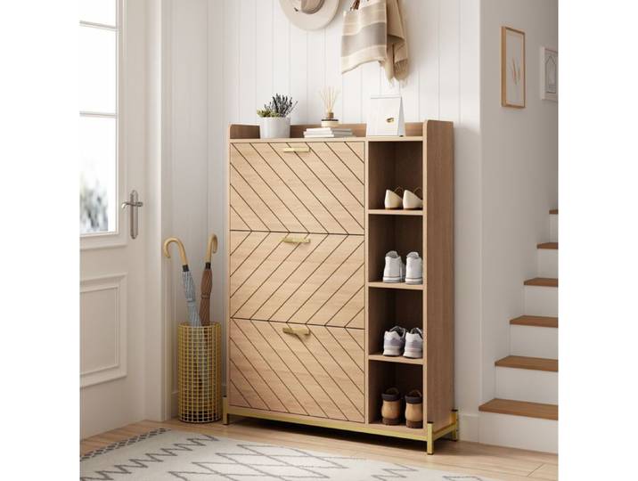 ROVRYN Meuble a chaussures ultra-fin 90 x 24 x 119 cm 3 portes abattantes MDF decor chene naturel