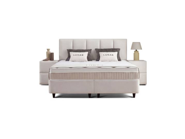 Boxspringbett 90x200 komplett mit orthopädischer Matratze, Topper & Bettkasten, Stoff Creme, Lucas, Belvano