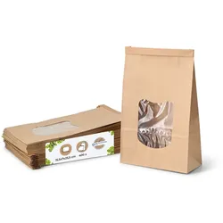 BIOZOYG 400 Stück Kraftpapiertüten 15,5 x 7 x 24,5 cm, Größe L, braun, Papiersäckchen, Blockbeutel, mit Fenster, Papier-Geschenktüten mit Clip