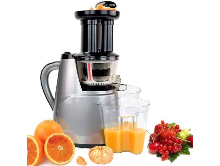 Syntrox Slow Juicer Quirzo kleiner kalt langsam Entsafter Saftpresse, mit Aufsätzen, für Obst und Gemüse, 45 U/min, Küchengeräte, Schwarz-Silber
