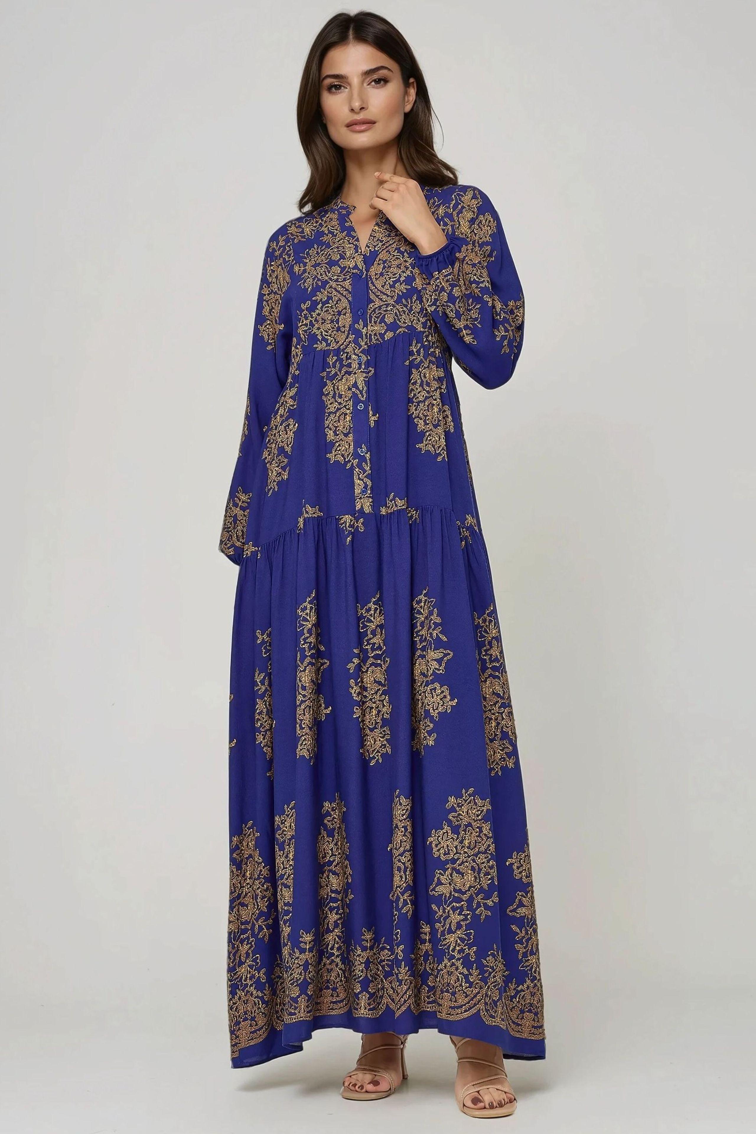 Bedrucktes Viscon Maxi-Kleid mit Hemdkragen