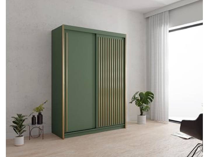 Krudox PST Grün Schiebetürenschrank Kleiderschrank 150x216x62 cm - Schlafzimmermöbel, Aufbewahrung – Mehrzweckschrank mit 2 Kleiderstangen