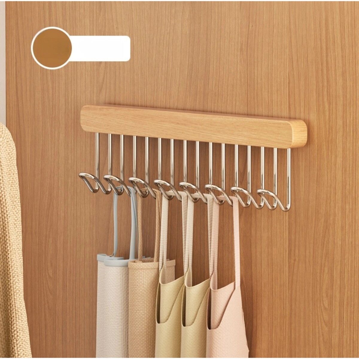 INF Rack pliable à tirage droit (8 crochets) - Porte-cintre coulissant en bois et acier inoxydable pour sous-vêtements et gilets