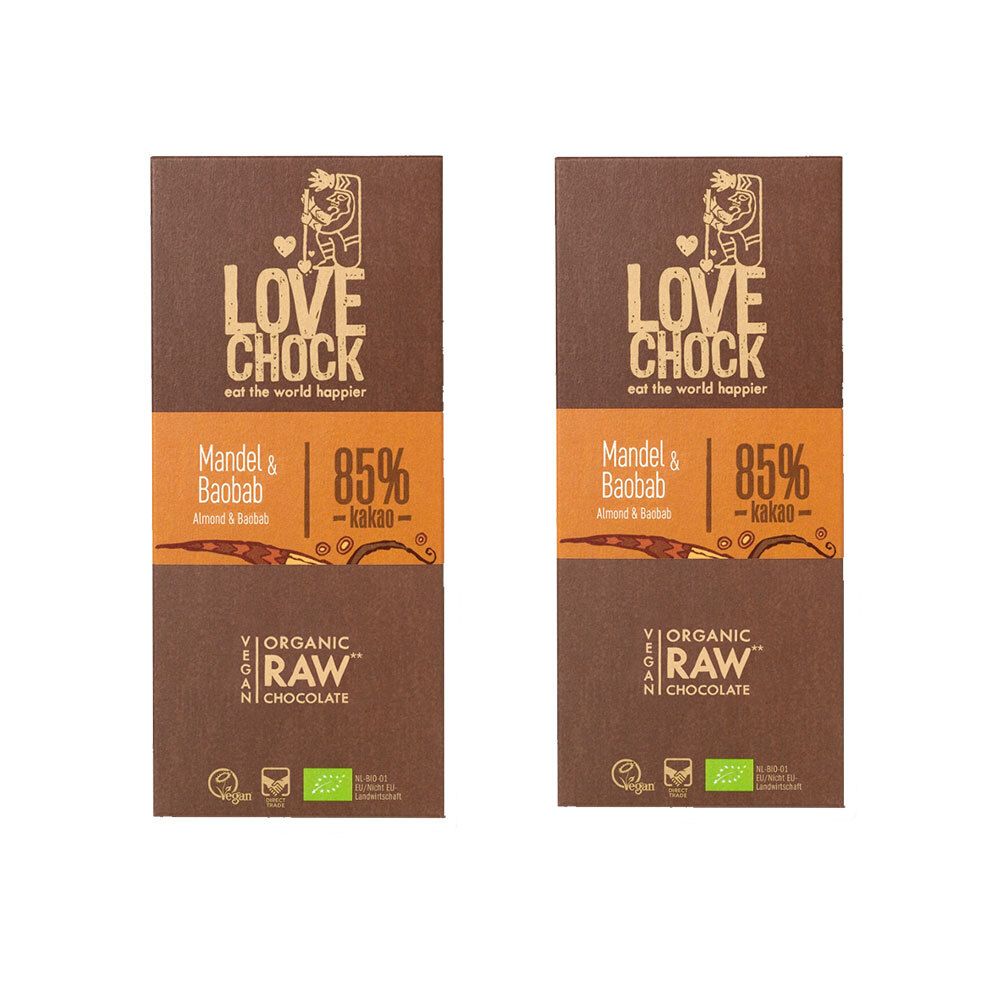 Lovechock Bio rohe Schokolade, Mandel-Baobab, Tafel 2x70 g Schokolade