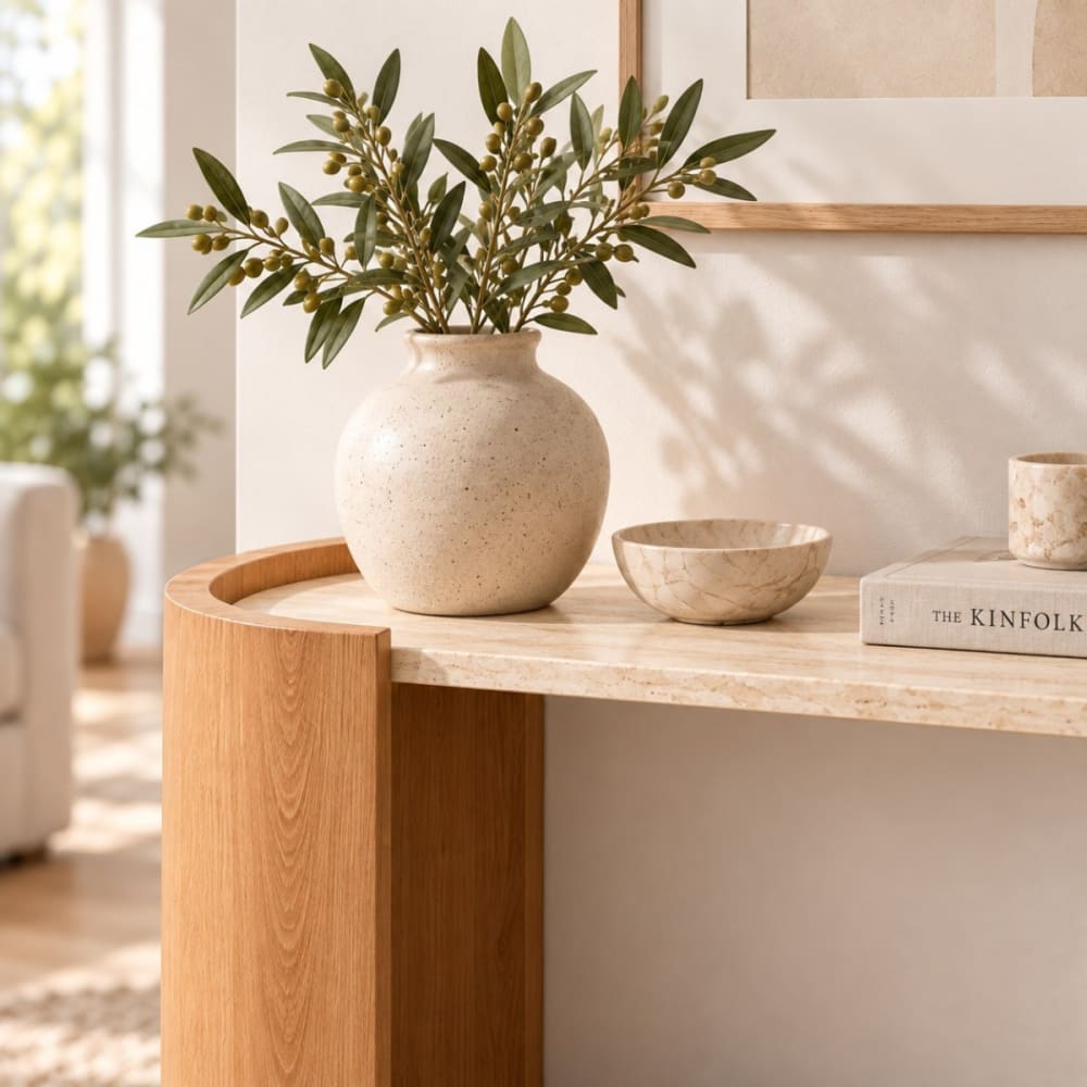 Calicosy Console à 2 niveaux décor travertin et bois l100 cm Beige 100x80x30cm
