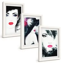 BILDER SET 3er Set - 20x30 cm Weißer Rahmen - Porträts von Frauen mit Lippen
