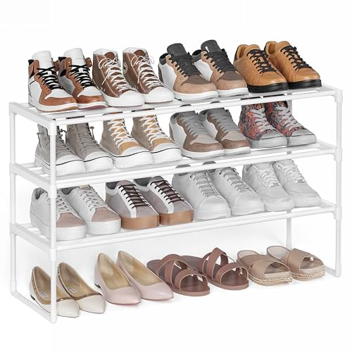 SONGMICS 3-Laags Metalen Schoenenrek voor 16-20 Paar Schoenen, Stapelbaar en Staand, Parel Wit