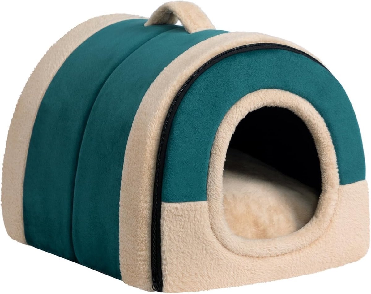 2-in-1 Vouwbaar Huisdierbed voor Katten en Kleine Honden, Warm Nest van Kristalvelours, Groen
