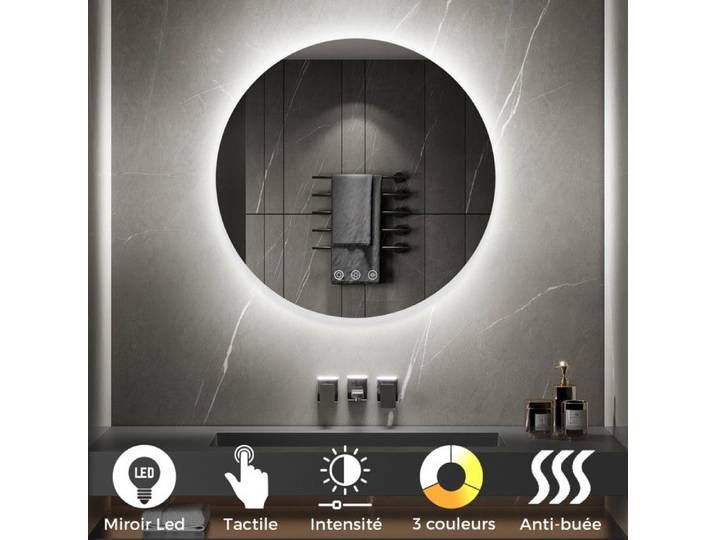 VEKIO Miroir LED lumineux rond tactile + fonction antibuée Dimensions - Ø 60 cm