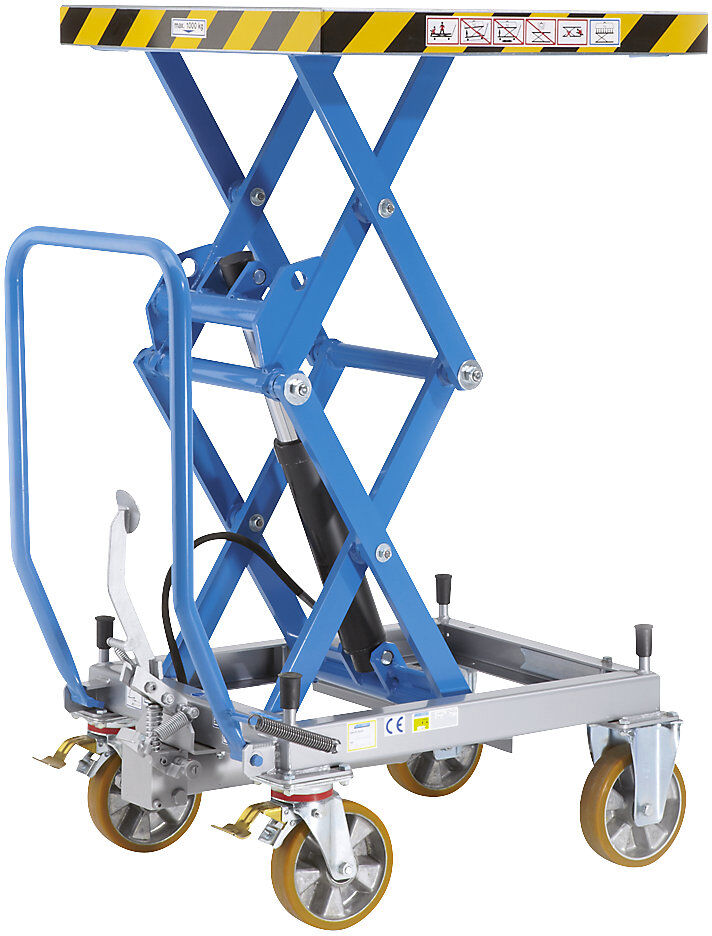 Doppelscheren-Hubtischwagen, Tragfähigkeit 1000 kg, Hubbereich 470 - 1400 mm, Polyurethanreifen eurokraft pro