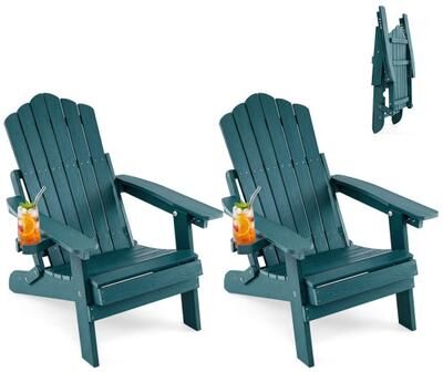 Costway Set of 2 Outdoor Folding Adirondack Chair with Cup Holder and 5-Level Backrest-Green