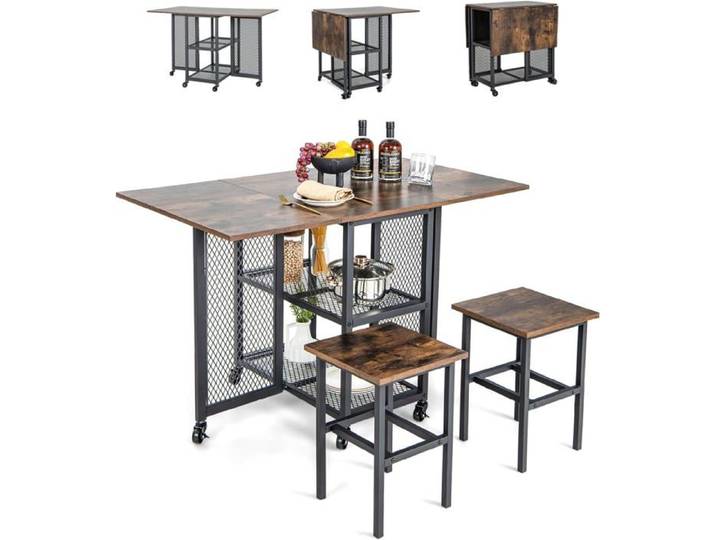 RELAX4LIFE Ensemble de Table à Manger Pliante avec 2 Tabourets Table de Cuisine avec Roues Verrouillables 2 Étagères Naturel