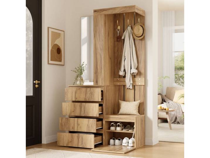 100x35x180 cm Vestiaire d'Entrée Meuble de Rangement avec Miroir 4 Tiroirs et Patères pour Couloir