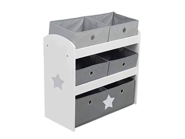 roba Spielregal Stars - Spielzeugregal für Kinderzimmer mit 5 Boxen aus Stoff - mit Stern Motiv - Aufbewahrungsregal für Jungen und Mädchen - Holz weiß