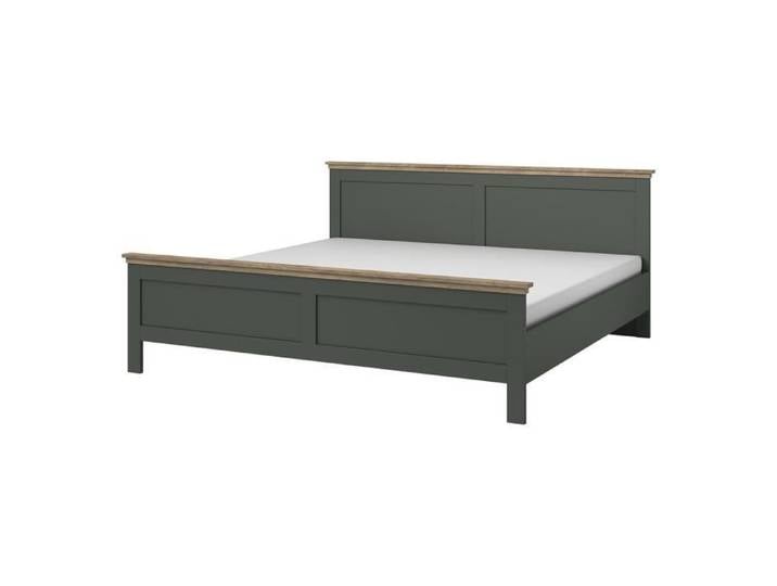 Lit adulte 160x200 collection ASSIA. Coloris vert kaki et finitions aspect chêne. 160X200 Vert