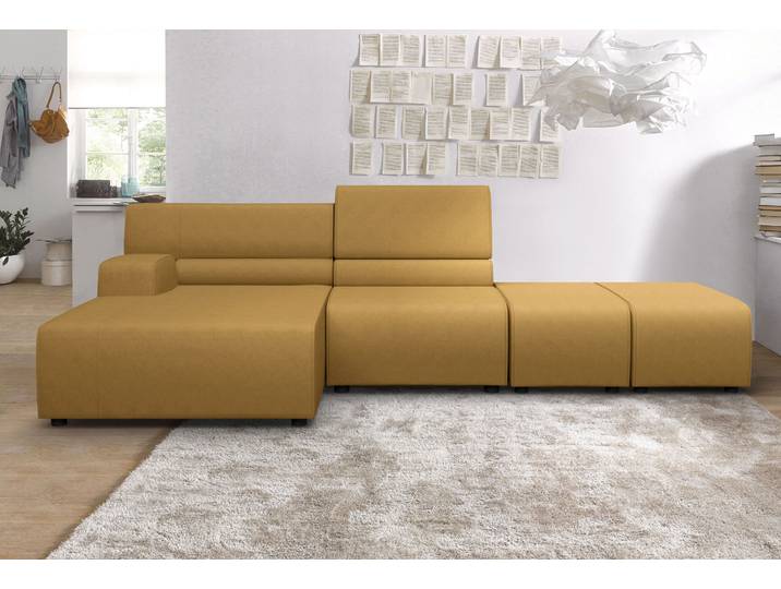 Ecksofa EGOITALIANO Babouche, Designsofa mit aussergewöhnlichem Sitzkomfort zum Wohlfühlen , gelb, B:384cm H:80cm T:98cm, Luxus-Micofaser Lederoptik (100% Polyester) ist ein neues technisches Gewebe mit einem visuellen und taktilen Aspekt, der dem Nubuk sehr nahe kommt, mit innovativen Eigenschaften. Seine ausserordentliche Weichheit kommt von einem exklusiven Produktionsprozess, der Unreinheiten und Unregelmässigkeiten beseitigt. Das Ergebnis ist eine bemerkenswert samtige Faser, die durch das Vorhandensein von Körnern verstärkt wird. Von der einfarbigen Eleganz der warmen Farben und der Vielfalt an trendigen Farben, die es zu seiner eigenen Stärke und Persönlichkeit machen., Sofas, Ecksofa