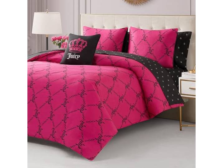 Juicy Couture Hot Pink/Black Link Logo Printed Comforter Set, Full - Complete 8-Piece Bed in a Bag Collection