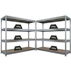 Proregal Mega Deal | 2x Schwerlastregal DINO | HxBxT 180x200x60cm | 4 Spanplatten-Ebenen 16mm | Fachlast 500kg | Verzinkt