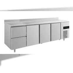 Gastro Edelstahl Kühltisch 3 Türen mittig&links 2 Schubladen links Umluftkühlung Aufkantung, 2330x700x850mm -2/+8°C