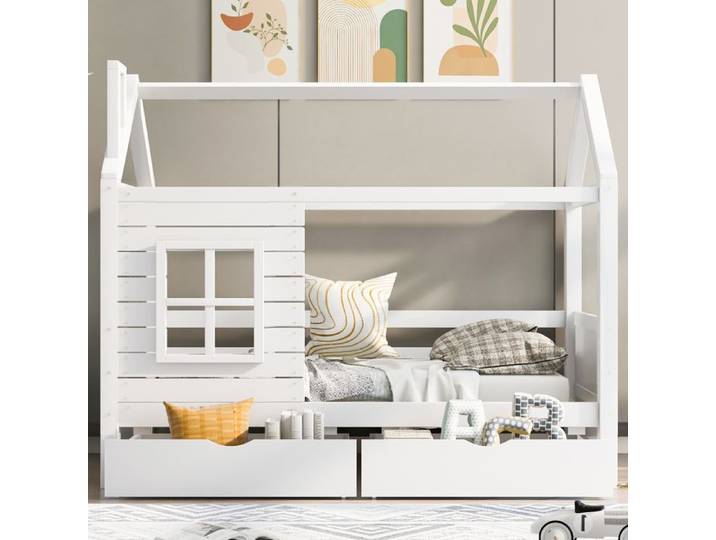 Dripex Lit Maison Lit Enfant 200x90CM Lit Adolescent en bois polyvalent Lit cabane avec antichute fenêtre et sommier à