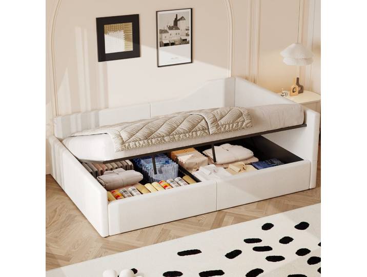 Lit banquette 140x200 cm en lin beige avec rangement