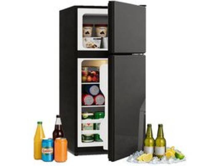 Réfrigérateur Mini 60L avec Congélateur 22L Porte en Verre Éclairage LED Clayettes en Verre Amovibles - Noir