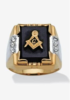 Men's Big & Tall 14K Gold-plated Onyx and Crystal Two Tone Masonic Ring by PalmBeach Jewelry in Gold (Size 10)