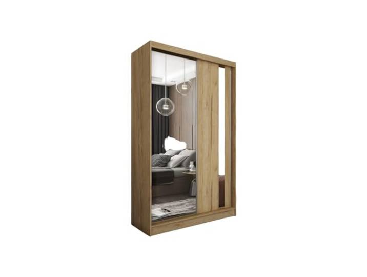 Margaret Hadas24 Kleiderschrank Gabo mit Spiegel, Organizer, Mehrzweckschrank, Schwebetürenschrank, Garderobenschrank, Kleiderstange, Kleiderständer, Flurschrank, Garderobe, Schrank, braun, 120 cm