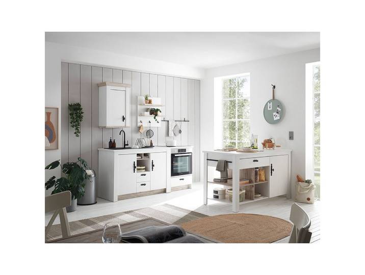 Lomadox Küchenzeile FERNA-61, 5-teilig, Pinie weiß mit Pinie dunkel, Softclose-Funktion, Landhaus