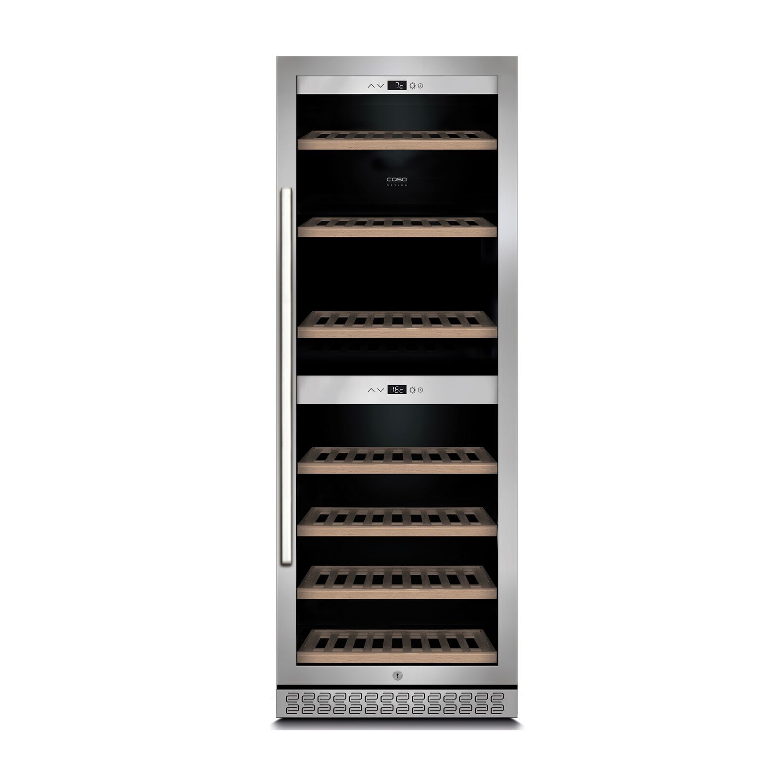 Caso Winechef PRO 126 Freistehender Weintemperierschrank, Glasdekor, 126 Flaschen, 2 Temperaturzonen, 5-20°C, 42 dB, eingebauter Ventilator, Smartphone-Steuerung