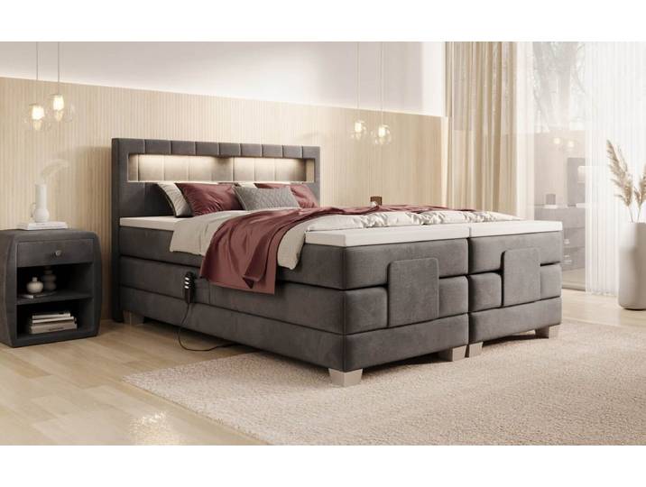 Boxspringbett Ardena Samt elektrisch verstellbar mit LED - 160x200 - Blau - H3 (70-100kg) - Luxusbetten24