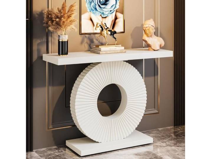 Finmind Table Console Moderne avec Base Géométrique 100cm Table d'entrée en bois pour le salon l'entrée le couloir Blanc