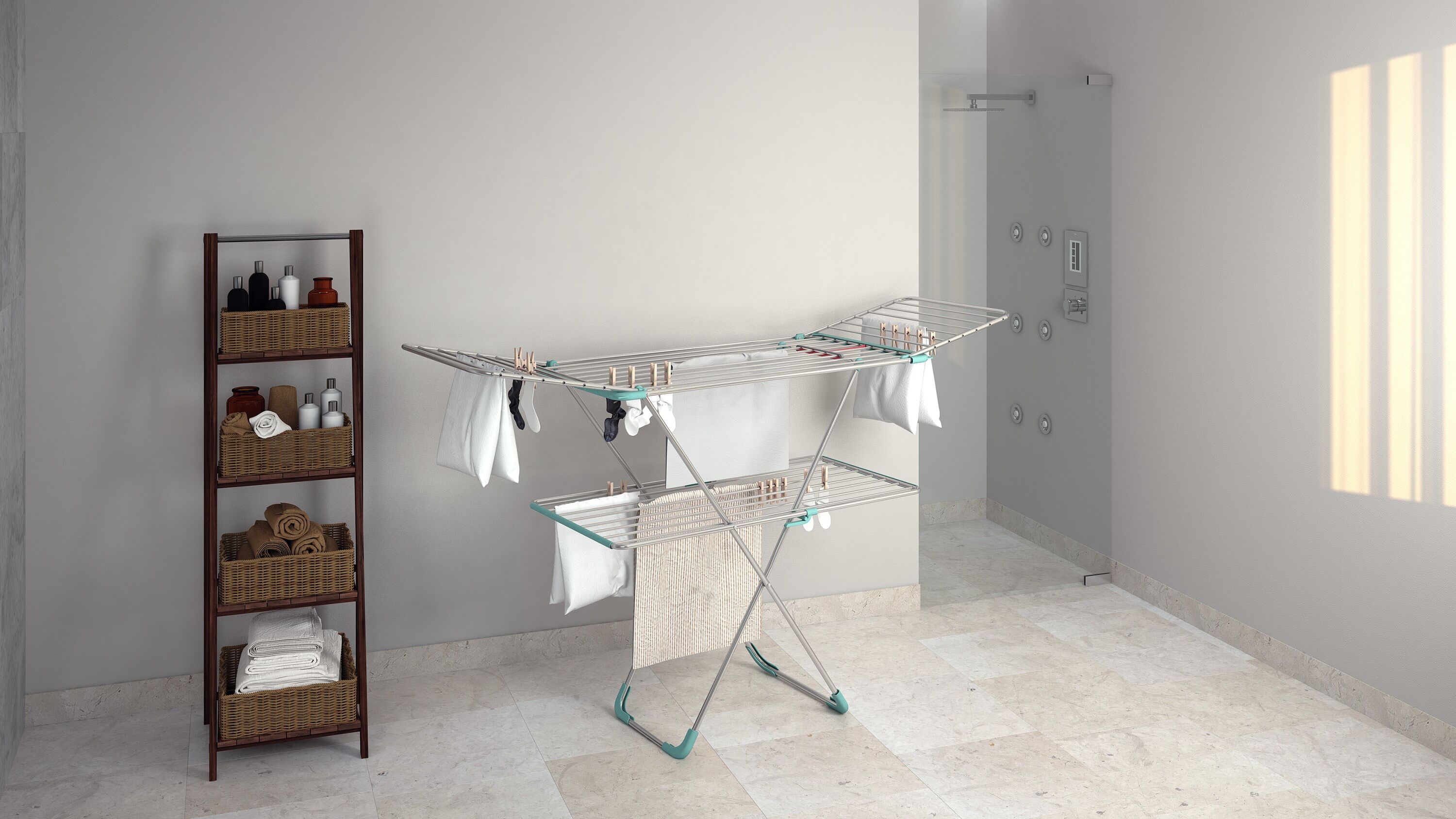 Wäscheständer BISCHOF COLOMBO "DOUBLE", blau (türkis, silberfarben), B:55cm, Aluminium, Wäscheständer, Wäscheständer, 30 m Trockenlänge, 2-stufige Höhenverstellung, klappbar, Aluminium