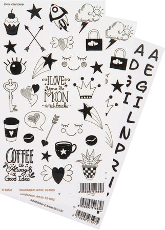 Porzellansticker Motive + Buchstaben, schwarz, 3 Bogen